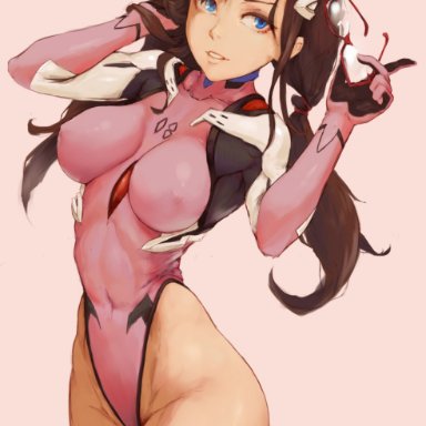 neon genesis evangelion, mari makinami, brksi, 1girls, ass, blue eyes, bodysuit, brown hair, female, female only, glasses, hairband, simple background, solo, thick thighs