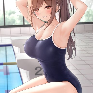 original, monaka curl, armpits, arms up, bare arms, bare shoulders, black swimsuit, breasts, brown eyes, brown hair, cleavage, collarbone, covered navel, female, grin