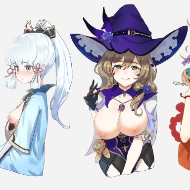 genshin impact, kamisato ayaka, lisa (genshin impact), xiangling (genshin impact), yoimiya (genshin impact), artist request, banpurai, 4girls, accidental exposure, aqua eyes, aqua hair, areolae, bare shoulders, big breasts, blonde hair