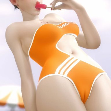 blizzard entertainment, overwatch, tracer, fluffy3d, 1girls, beach, belly, cameltoe, female, female only, goggles, ice cream, licking, looking at viewer, one-piece swimsuit