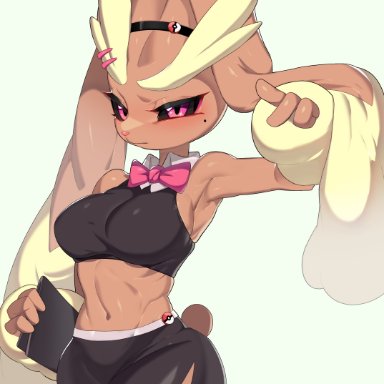 nintendo, pokemon, pokemon dppt, lopunny, pok&#233;mon (species), drunkoak, 1girls, animal ears, anthro, arm up, arm warmers, armpits, bare shoulders, big ears, black headband