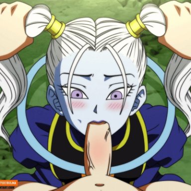 dragon ball, dragon ball super, marcarita, foxybulma, 1boy, blush, fellatio, female, female focus, hair grab, irrumatio, male, male/female, muscle, one eye closed