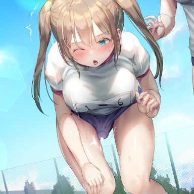 ayanakitori, 1futa, 1girls, bent over, blonde hair, blue eyes, blush, clothed, clothing, cum, cum in clothes, cum inside, ejaculation, erection, erection under clothes