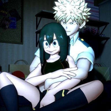 my hero academia, shounen jump, katsuki bakugou, tsuyu asui, dominica9, imjustthatkinky, kumbomb, 1boy, 1boy1girl, 1girls, areola, background sex, consensual, cuddling, cum