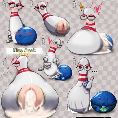 fuckable pin, horny blue bowlingball, superbinario, animate inanimate, big belly, blue body, blush, bodily fluids, bowling ball, bowling pin, cum, cum in pussy, cum inside, cumflation, erection