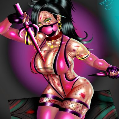 mortal kombat, mileena, marvikdr, armpit, armpits, black hair, breasts, hairy, hairy armpits, huge breasts, legs, piercing, piercings, wet