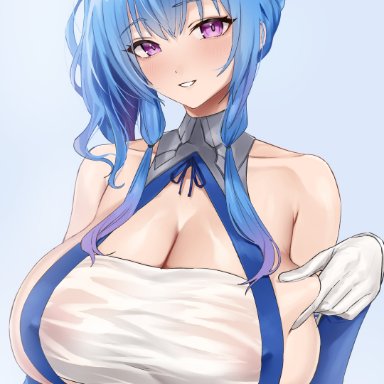 azur lane, st. louis (azur lane), hotate-chan, bangs, bare shoulders, blue dress, blue gloves, blue hair, blush, breasts, buttons, cleavage, covered nipples, double-breasted, dress