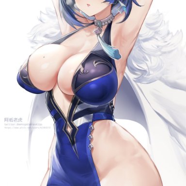 genshin impact, yelan (genshin impact), 1girls, abs, armpits, arms up, bangs, bare legs, big breasts, blue hair, blush, bodysuit, braid, breasts, cleavage