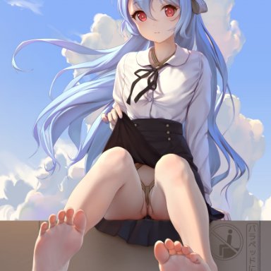 original, himitsu (hi mi tsu 2), bangs, bare legs, barefoot, black ribbon, black skirt, blue hair, blue nails, blush, bondage, bound, bow, braid, closed mouth