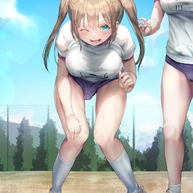 ayanakitori, 1futa, 1girls, bent over, blonde hair, blue eyes, blush, clothed, clothing, erection, erection under clothes, female, fully clothed, futa focus, futa sans balls