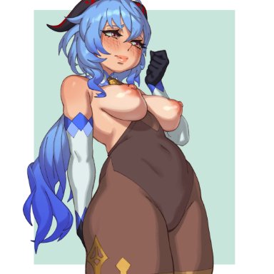 genshin impact, ganyu (genshin impact), rizdraws, 1girls, areolae, big breasts, blue hair, blush, breasts, breasts out, female, female only, nipples, puffy nipples, solo