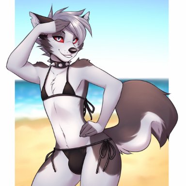 helluva boss, loona (helluva boss), lockworkorange, anthro, beach, bikini, bikini bottom, bikini top, black ears, black nose, bulge, canid, canid demon, canine, clothed