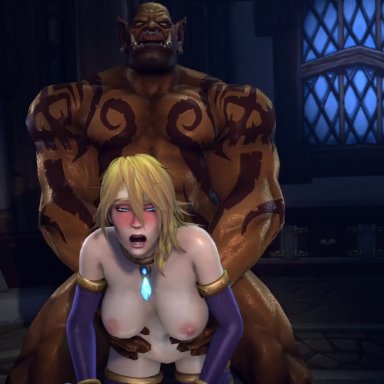 warcraft, world of warcraft, garrosh hellscream, jaina proudmoore, galianbeastsfm, 1boy, 1girls, blonde hair, blue eyes, blush, blushing, blushing profusely, bouncing breasts, doggy style, doggystyle