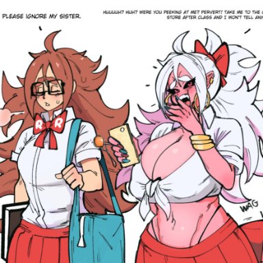 dragon ball, dragon ball fighterz, android 21, majin android 21, embo, 2girls, auburn hair, big breasts, cleavage, glasses, long hair, monster girl, painted nails, phone, pink skin