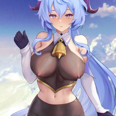 genshin impact, ganyu (genshin impact), aztodio, areola, belly, big breasts, blue hair, blush, breasts, clothed, clothed female, clothing, cloud, female, female focus