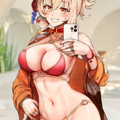 genshin impact, yoimiya (genshin impact), foxyrain, foxyreine, 1girls, bikini, blonde hair, blush, breasts, chest tattoo, cleavage, female, female only, hair ornament, hips