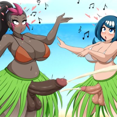 nintendo, pokemon, lana's mother (pokemon), sima (pokemon), aizalter, 2futas, balls, beach, big balls, big breasts, big penis, blue eyes, blue hair, blush, breasts