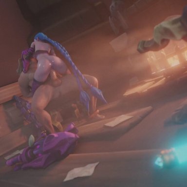 league of legends, jinx (league of legends), polished-jade-bell, 1boy, 1girls, arm tattoo, ass, athletic female, balls, blue hair, braid, breasts, cowgirl position, creampie, cum