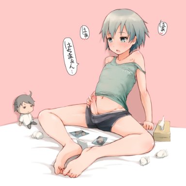 totsuka saika, arakure, asian, asian male, blue eyes, feet, femboy, flat chest, grey hair, light-skinned male, light skin, male focus, male only, masturbating, masturbation