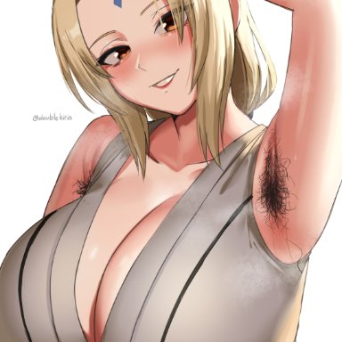 naruto, naruto shippuden, tsunade, kirinkirin, 1girls, armpit fetish, armpit hair, armpits, arms up, blonde hair, blush, breasts, brown eyes, cleavage, clothed