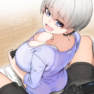 uzaki-chan wa asobitai!, uzaki hana, b o x, 1boy, 1girls, big breasts, blue eyes, bra strap, bra visible through clothes, breasts, cleavage, controller, down blouse, female, male