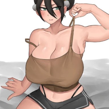 avatar the last airbender, toph bei fong, elijahzx, ass, bed, big areola, big breasts, big nipples, black hair, blush, blush lines, breasts, breasts bigger than head, bubble ass, bubble butt