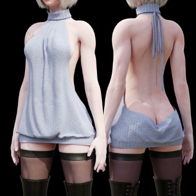 nier: automata, nier (series), yorha 2b, renderingbutts, ass cleavage, butt crack, front and back, thighhighs, virgin killer sweater, white hair, 3d