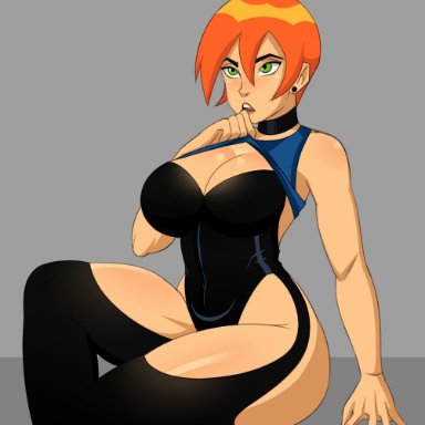 ben 10, cartoon network, future gwen, gwen tennyson, donchibi, 1girls, big breasts, breasts, female, female focus, female only, green eyes, orange hair, short hair, sitting