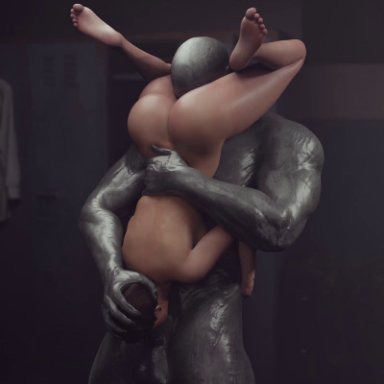 resident evil, moira burton, mr x, tyrant, avstral, 1girl1boy, 69, 69 position, deepthroat, hand on head, large penis, pushing head down, short hair, standing 69, 3d