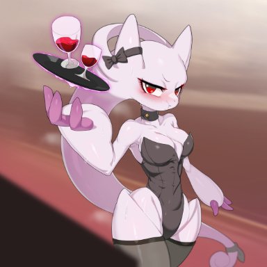 nintendo, pokemon, pokemon xy, mega evolution, mega mewtwo y, mewtwo, pok&#233;mon (species), drunkoak, 1girls, annoyed, anthro, arm up, armpits, black leotard, blurry