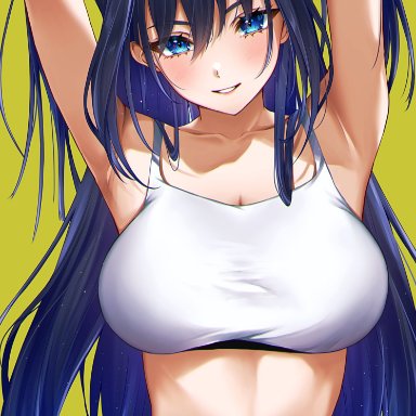 hololive, hololive english, ouro kronii, sosuke (yrmon), armpits, arms behind head, arms up, bangs, blue eyes, blue hair, breasts, collarbone, crop top, denim, female