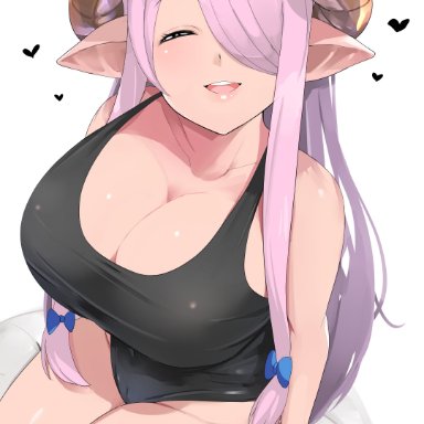 granblue fantasy, narmaya (granblue fantasy), kntrs (knyrs), 1girls, :d, ball, bare arms, bare shoulders, black swimsuit, blue bow, blush, bow, breasts, cameltoe, cleavage