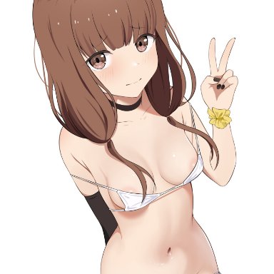 iino miko, coro fae, areola slip, areolae, arm behind back, bangs, bikini, black choker, black legwear, black nails, blunt bangs, blush, breasts, brown eyes, brown hair