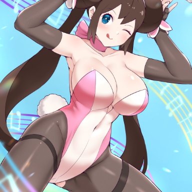 nintendo, pokemon, pokemon bw2, rosa (pokemon), kaos art, 1girls, armpits, arms up, blue eyes, blush, breasts, brown hair, bunny ears, bunny girl, bunny pose