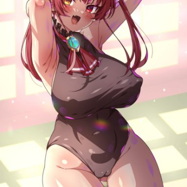 hololive, houshou marine, 1girls, armpits, arms up, ass visible through thighs, big breasts, breasts, cameltoe, female, female focus, female only, heterochromia, leotard, nipple bulge