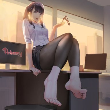 kawery, black legwear, feet, foot fetish, glasses, on table, toenails