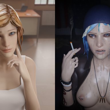 life is strange, chloe price, fjaye, after sex, angry, angry face, blue eyes, blue hair, clothed, clothed sex, clothing, cum, cum on body, cum on face, cumshot