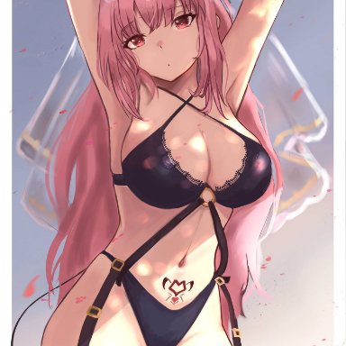 hololive, hololive english, mori calliope, vicarious, 1girls, armpits, arms up, breasts, demon tail, dot mouth, eyebrows visible through hair, female, female only, large breasts, long hair