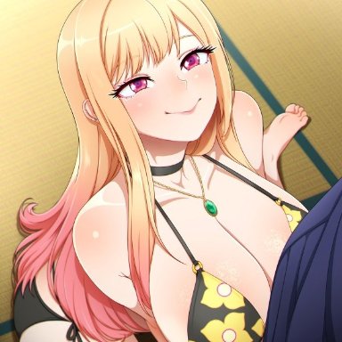 sono bisque doll wa koi wo suru, gojou wakana, kitagawa marin, neocoill, 1boy, 1girls, bare shoulders, big ass, bikini, blonde hair, blush, blushing, bulge, choker, cleavage