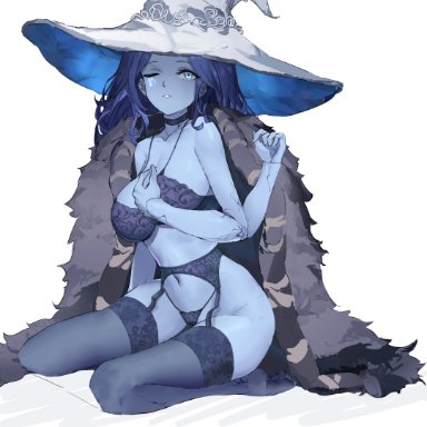 elden ring, fromsoftware, ranni the witch, &#24930;&#40060;, 1girls, 4 arms, big hat, blue-skinned female, blue bra, blue choker, blue garter belt, blue garter straps, blue hair, blue lingerie, blue skin