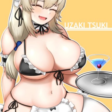 uzaki-chan wa asobitai!, uzaki tsuki, apron, big breasts, bikini, black bikini, blonde hair, blush, cleavage, closed eyes, detached collar, female, female only, frilled bikini, long hair