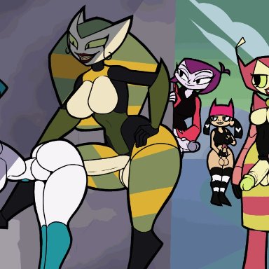 my life as a teenage robot, vexus, xj9, flbl, 1girls, 5futas, doggy style, futanari, lined up, tongue out, animated