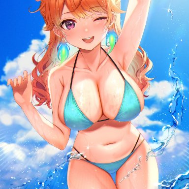 hololive, hololive english, takanashi kiara, kura noi, aqua bikini, arm over head, bangs, bikini, blue sky, breasts, cleavage, cloud, collarbone, cowboy shot, earrings