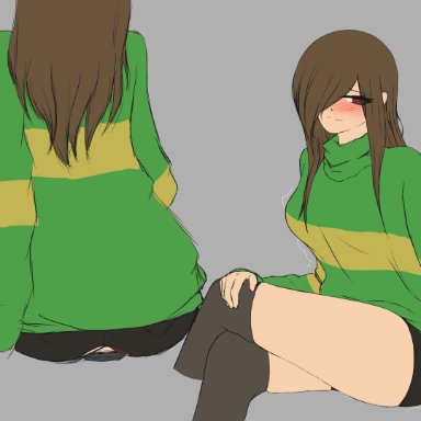 pixiv, undertale, chara, 1girls, blushed, brown hair, gray background, red eyes, solo, 2022, tagme