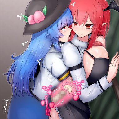 touhou, koakuma, double zeta, 1futa, 1girls, against wall, ass, bangs, big breasts, black headwear, black legwear, blue hair, blue skirt, blush, breasts