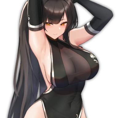 original, suzuya (maru), animal ears, armpits, arms behind head, arms up, bangs, black dress, black gloves, black hair, black legwear, breasts, closed mouth, covered navel, cowboy shot