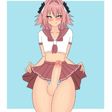 fate (series), astolfo (fate), drawtter, 1boy, balls, big penis, blue background, erect penis, erection, femboy, hung trap, light-skinned male, light skin, looking at viewer, male