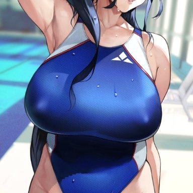 original, yoshi55level, yoshio (55level), ahoge, arm at side, arm behind head, arm up, armpits, bare shoulders, black hair, blue swimsuit, blurry, blurry background, breasts, collarbone