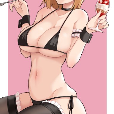 dragon ball, android 18, bakumanbakuman0695, black bikini, black bra, black choker, black high heels, black panties, black stockings, black swimsuit, blonde hair, blue eyes, blush, choker, earrings