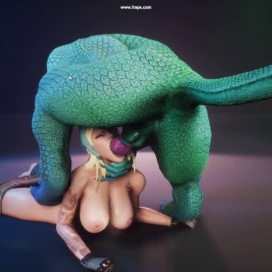 wildlife (video game), 1girls, 1male, big breasts, blonde, blonde hair, blowjob, blue eyes, bouncing breasts, deepthroat, face fucking, feet, gagging, gloves, interspecies